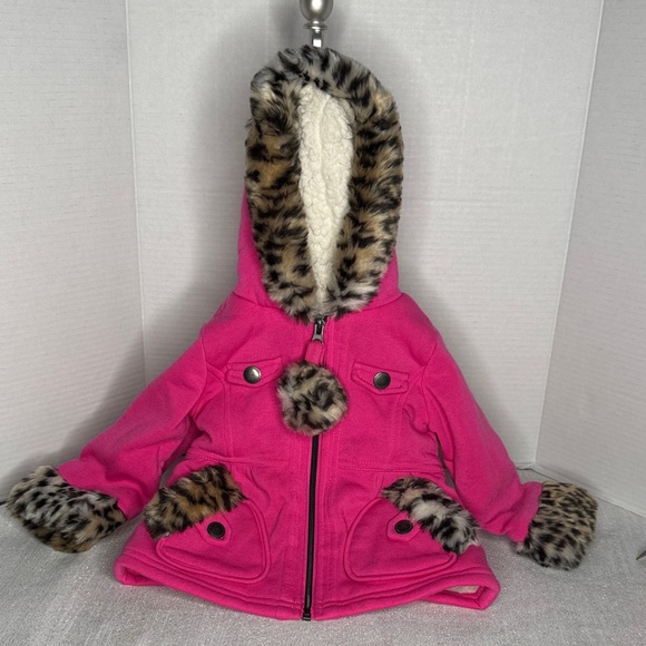 kC Collection Coat for girls Pink with leopard print on trim zipper hood 12 mon - Picture 1 of 7